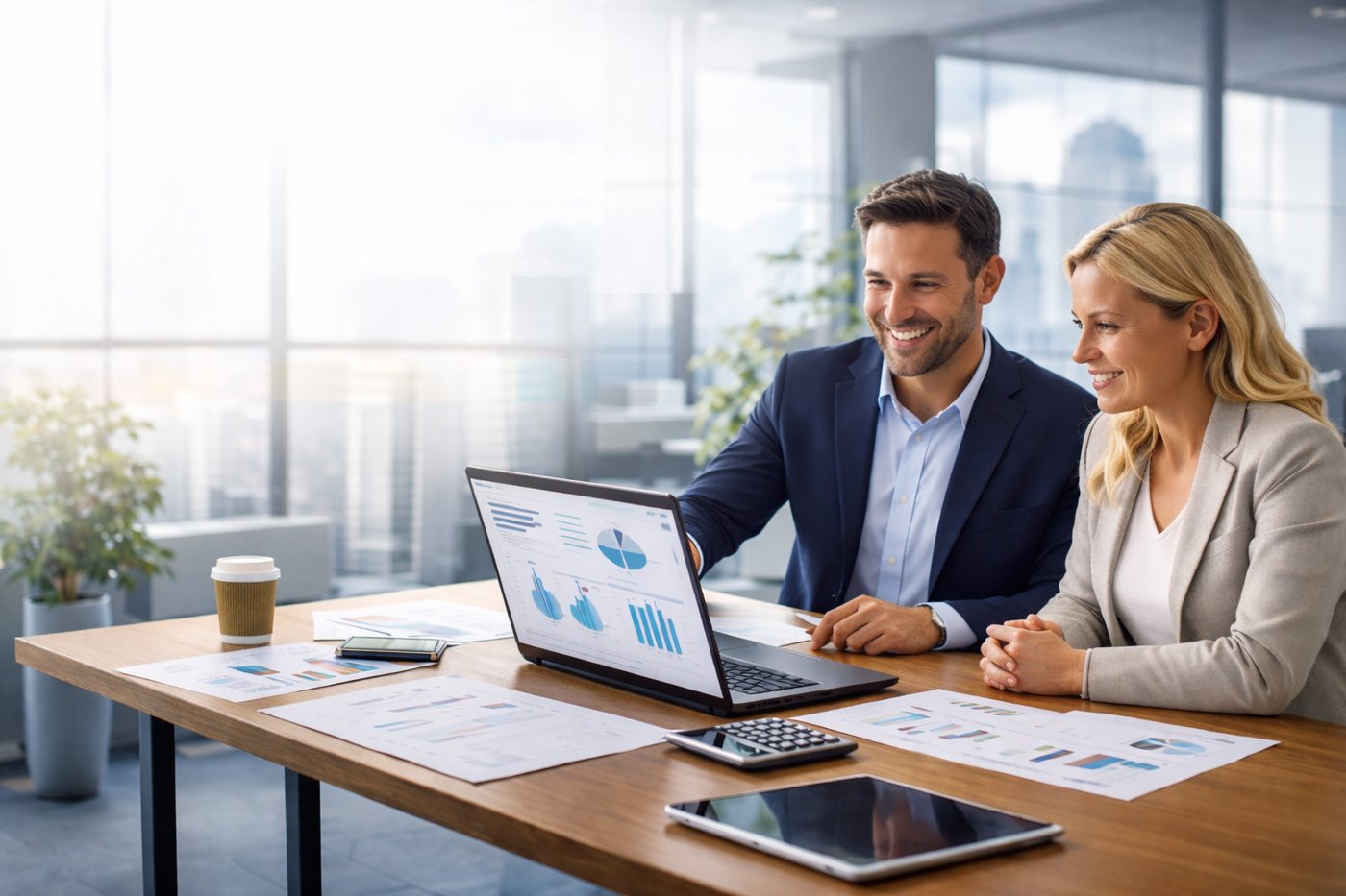 Two people smiling at a laptop with charts. Office setting, large windows, wooden table, papers, tablet, calculator, and a coffee cup.